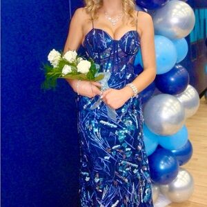 Elegant Blue Sequin Gown w/extra add-on skirt to  make fitted to full w/train